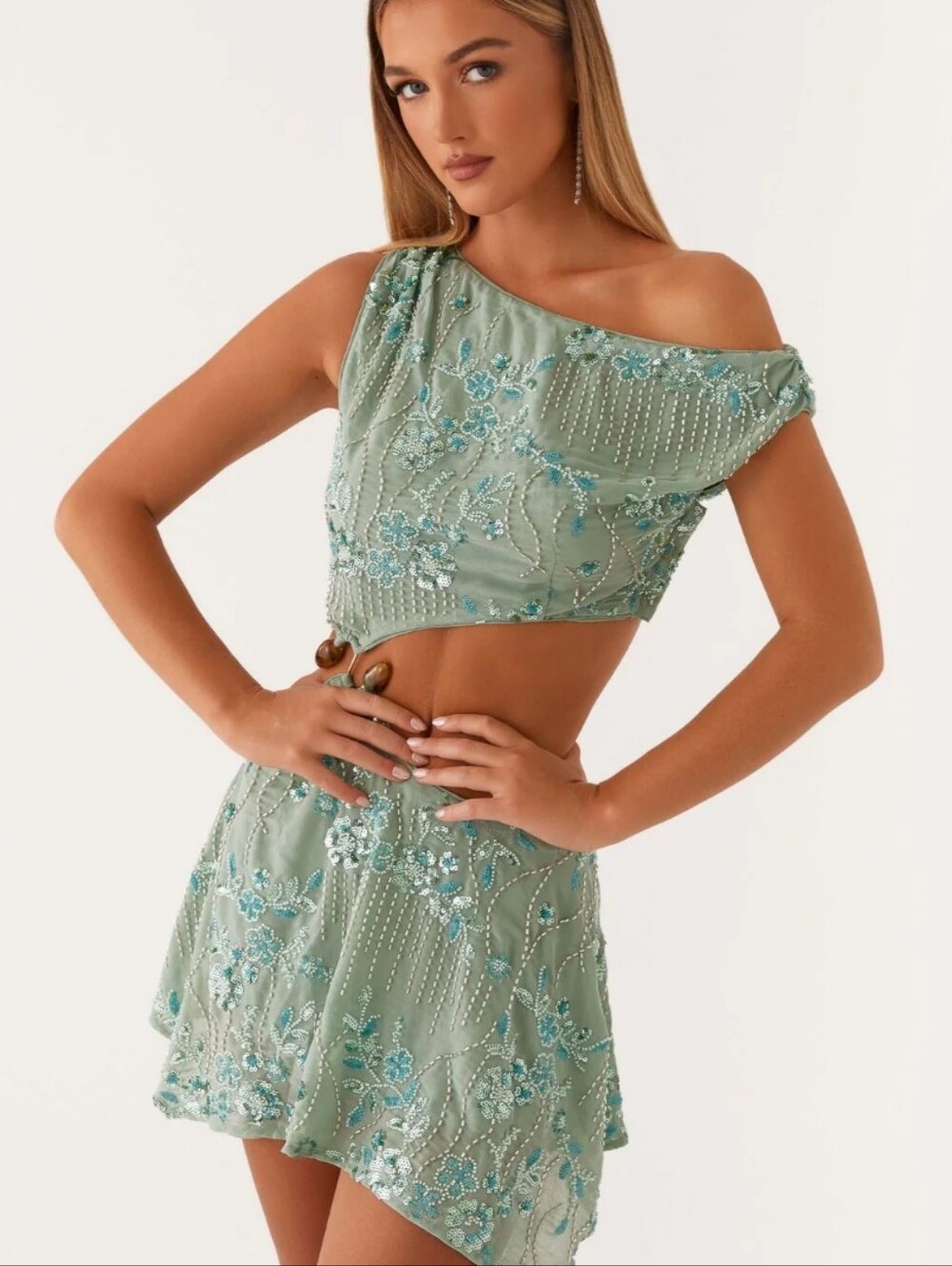 NWT Peppermayo Aletta Sequin One Shoulder Mini Dress Green Fairy Whimsy 4 S M - Picture 4 of 12